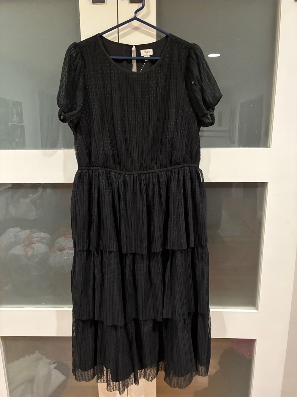 J. Crew Factory Black Tiered Midi Dress with Puff Sleeves